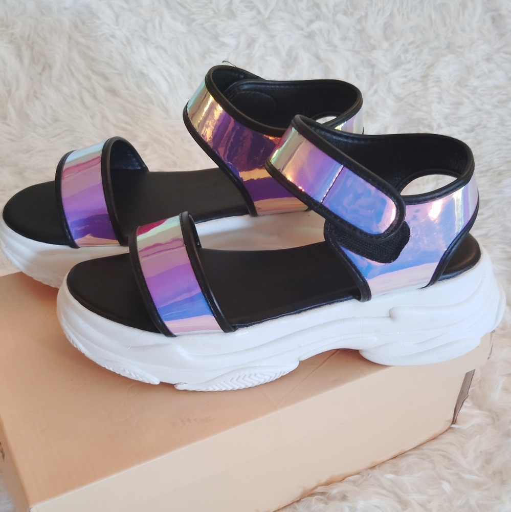 Women's Yoki White Platform Holographic Velcro Open Toe Shoes Sandals SZ:9